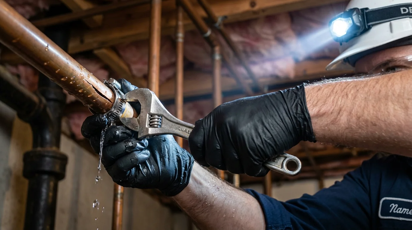Emergency pipe clamp repair being performed by a Johns Plumbing LLC plumber in Colfax