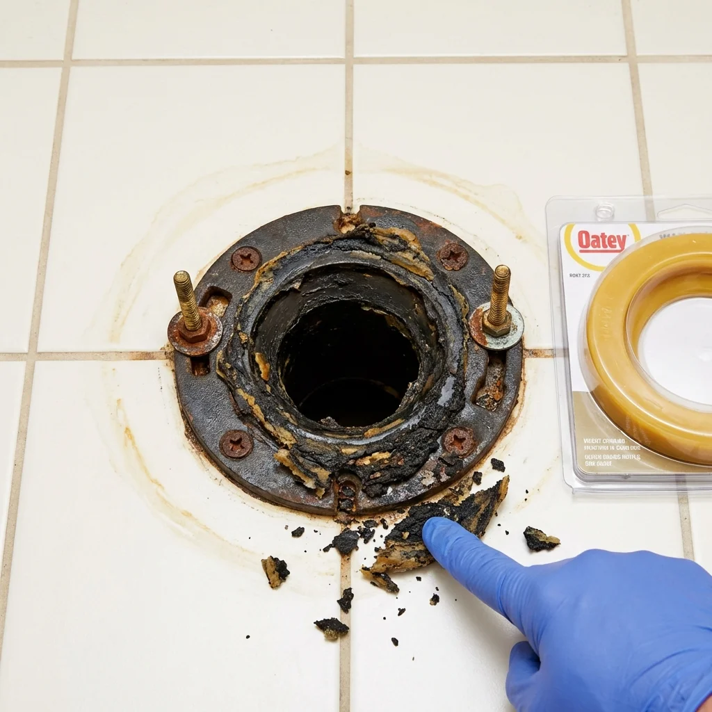 Failed wax ring showing water seepage at the base of a toilet in a Colfax, LA home